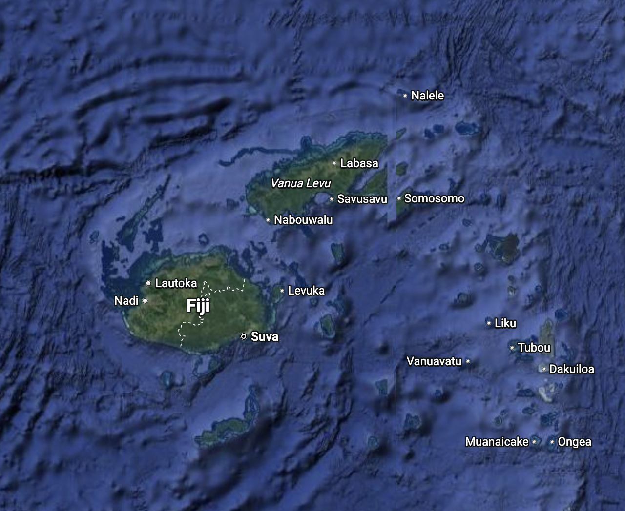 Satellite map of Fiji showing Viti Levu, Vanua Levu, Lautoka, Nadi, Suva, and surrounding islands