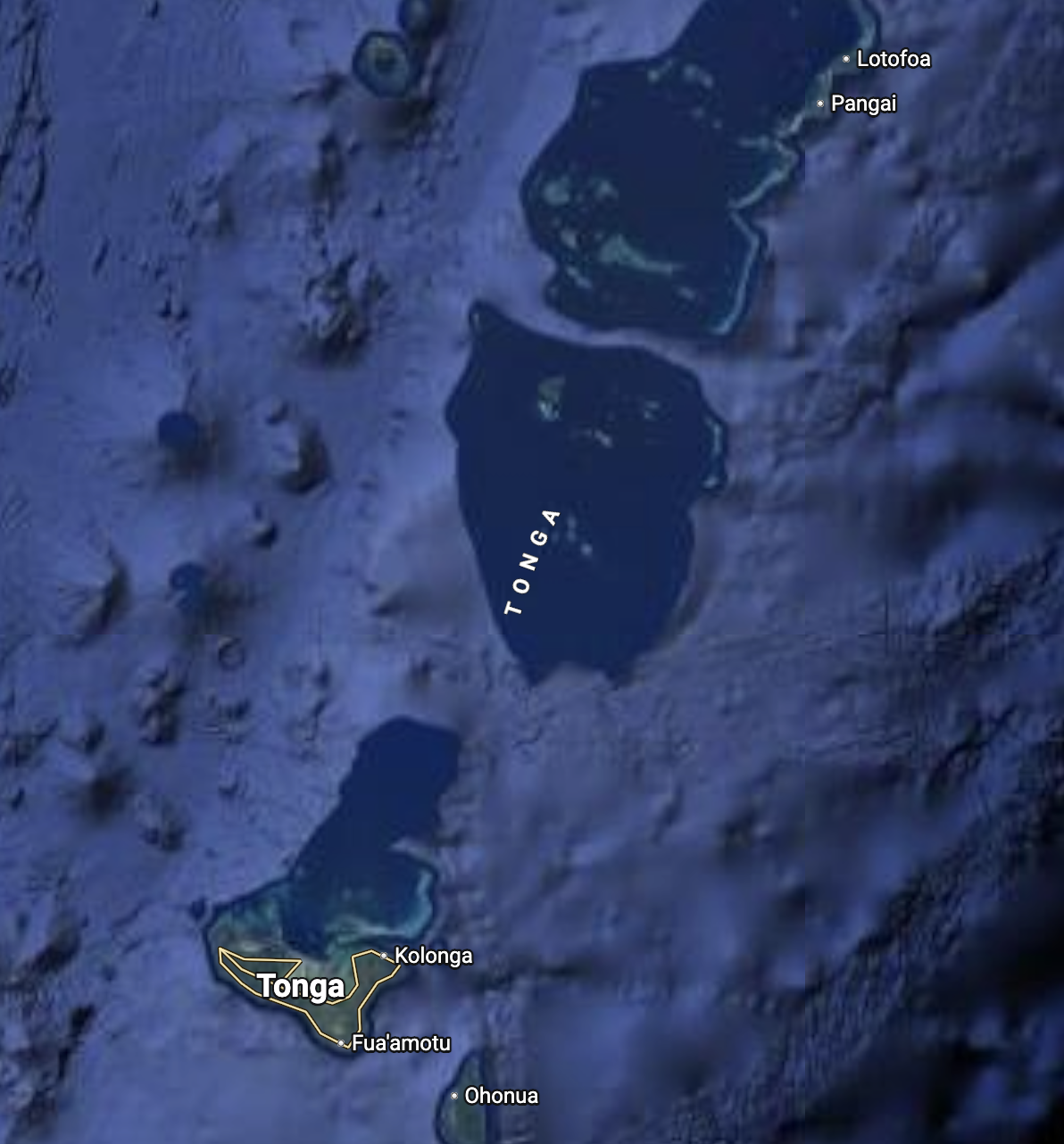 Satellite map of Tonga showing the island groups from Vava'u to Tongatapu