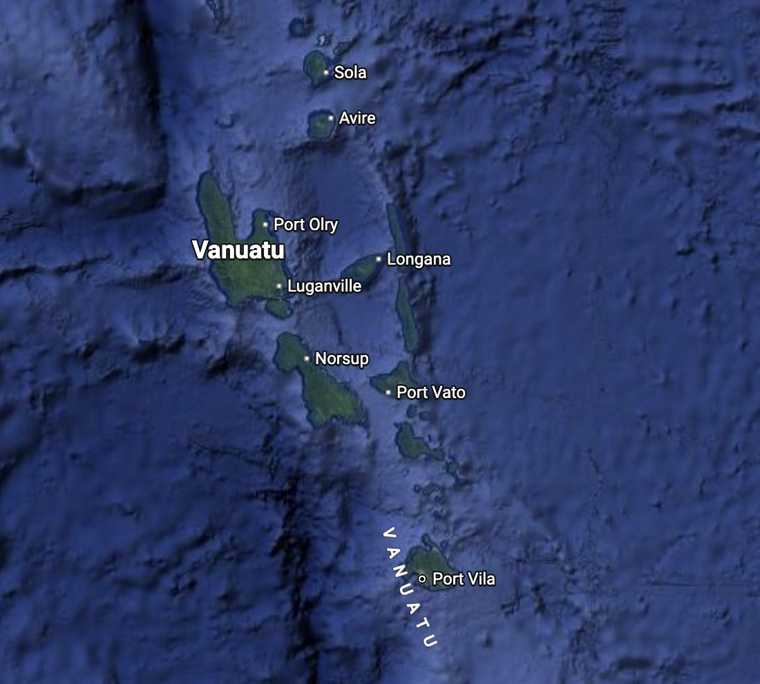 Satellite map of Vanuatu showing the island chain from Sola to Port Vila