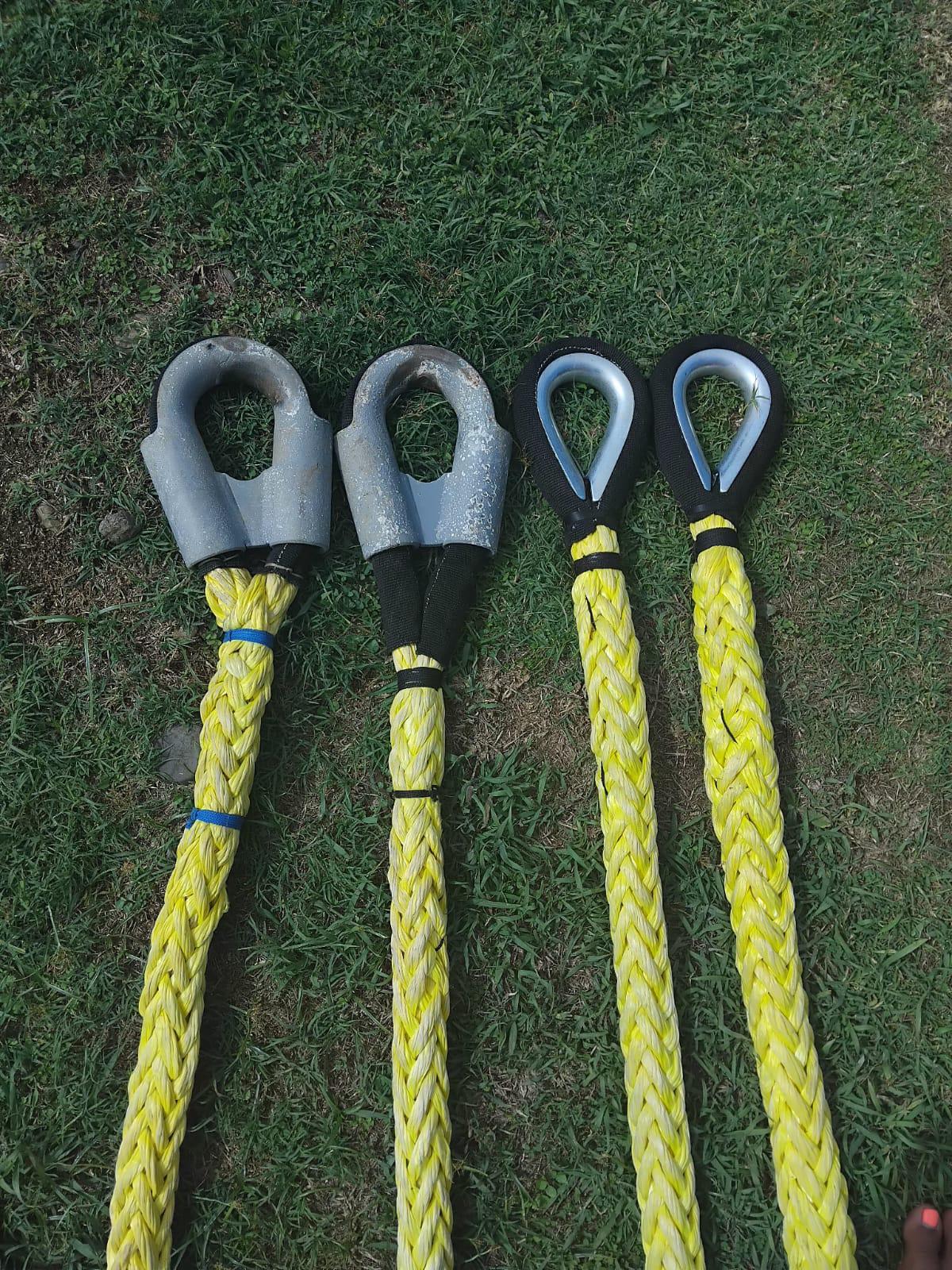Finished spliced running rigging lines with protective thimbles